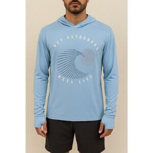 Reel Life Get Outdoors Performance Hoodie Shirt Light Blue UPF 50 S Long Sleeve